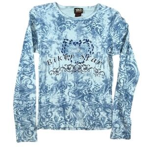 Biker Design Blue Acid Wash Damask Graphic Long Sleeve Top Womens Medium Y2K